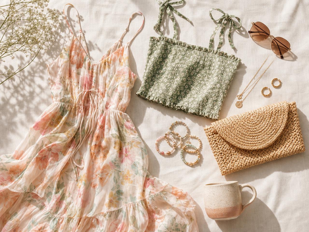 A styled summer flat-lay of a floral dress, a green crop top, sunglasses, woven clutch, jewelry, and a mug from Noury's World