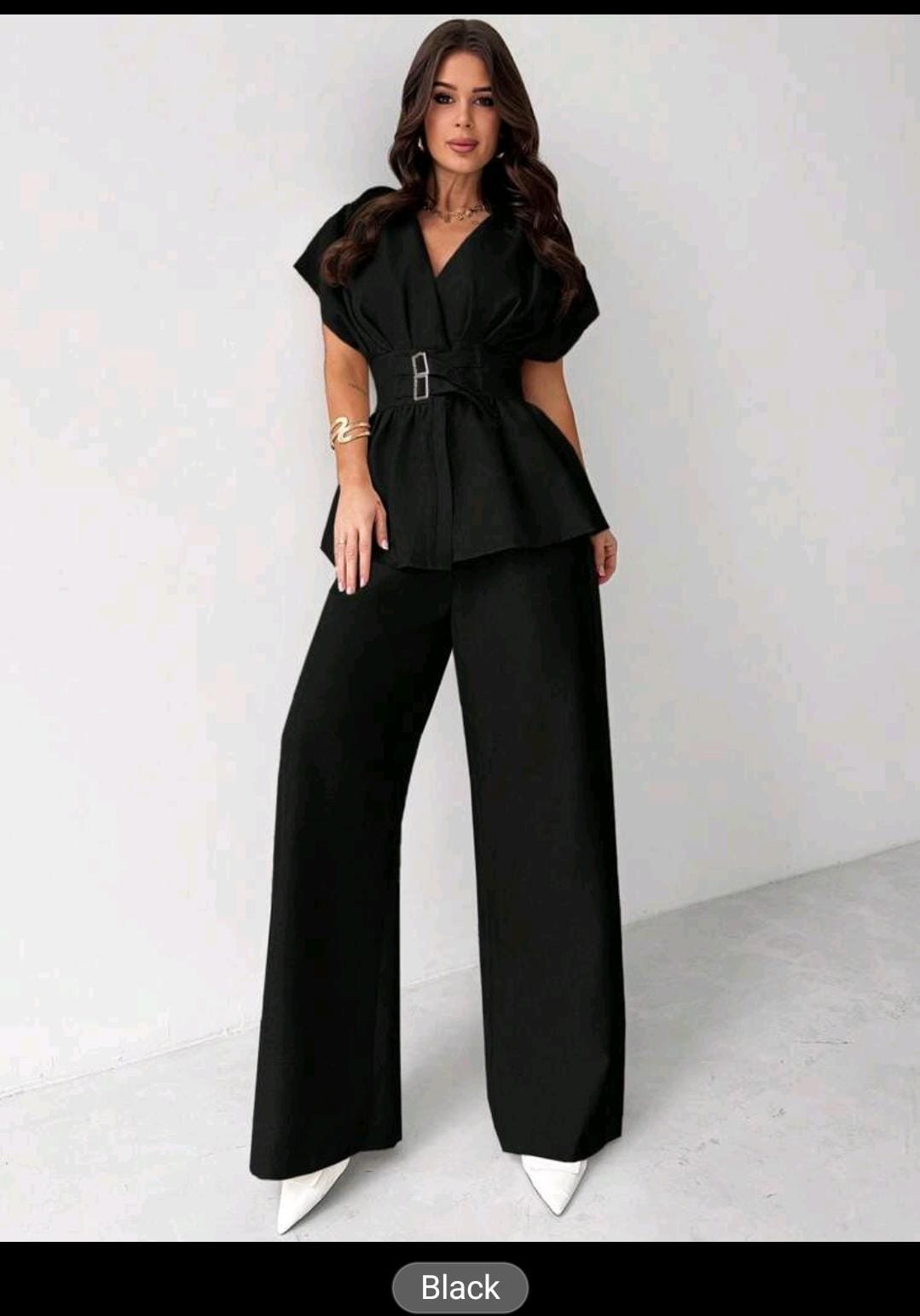 03. Black Belted Peplum Top & Wide-Leg Pants Set