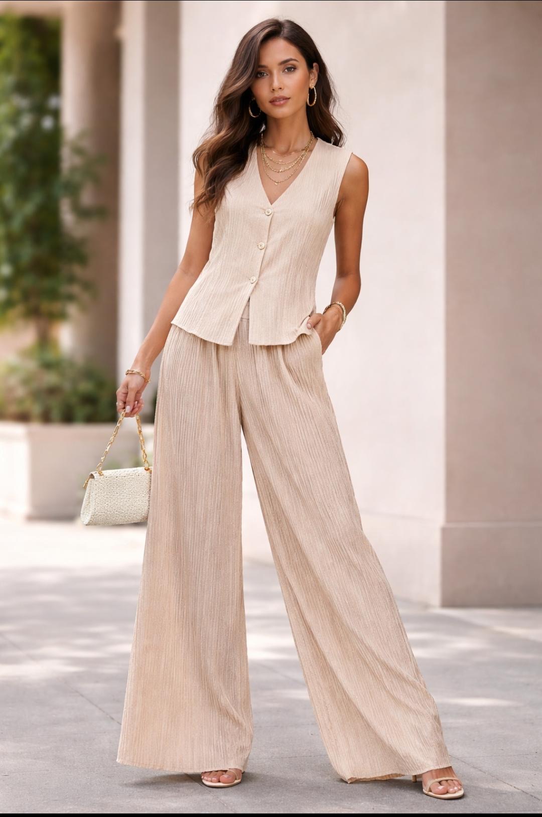 03. Beige Plissé Linen Vest & Wide-Leg Pants Set